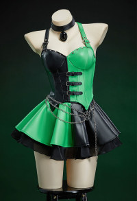 Kim Possible Shego Derivative Gothic Black & Green Symmetrical Color Matching Corset Skirt Set Top and Skirt with Choker and Waist Chain