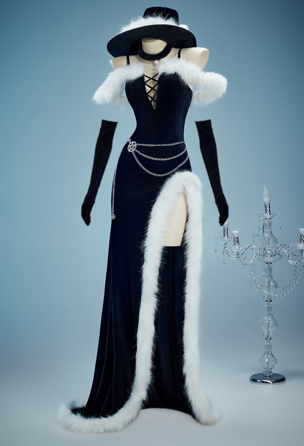 Women Gothic Black Sexy Lingerie Dress Set - Dark Christmas Witch Style Furry  Dress with Hat Gloves Cosplay