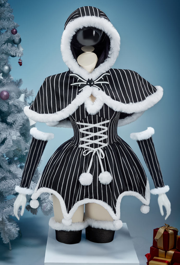 Skeleton Style Gothic Costume - Striped Dress with Cloak and