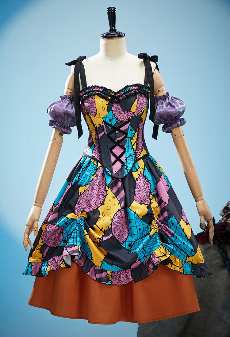 Sally Derivative Gothic Halloween Retro Suit with Colorful Patchwork Corset Top and Skirt with Sleeves