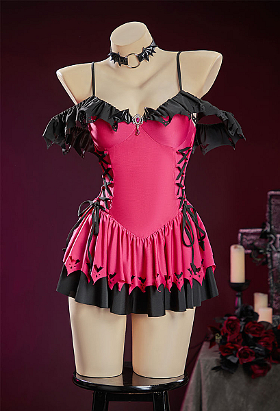MH Drac Girl Derivative Off-shoulder Side-strap One-piece Gothic Bathing Swimsuit with Choker