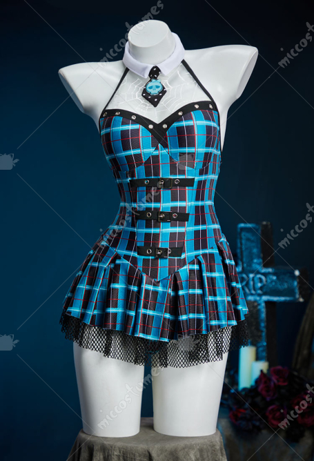 MH Franky Derivative Blue and Black Plaid One-piece Swimsuit Halter-neck Bathing Suit with Necktie Decorative Prop