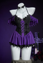 MH Elizabeth Derivative Gothic Halter-neck One-piece Swimsuit Batwing-style Beach Dress with Choker