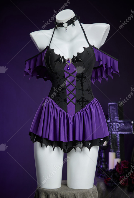 MH Elizabeth Derivative Gothic Halter-neck One-piece Swimsuit Batwing-style Beach Dress with Choker