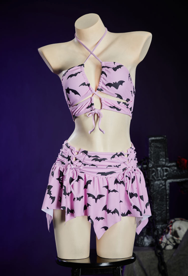 Gothic Pink Bat Pattern Two-piece Swimsuit Halter Neck Top and Irregular Skirted Bottom