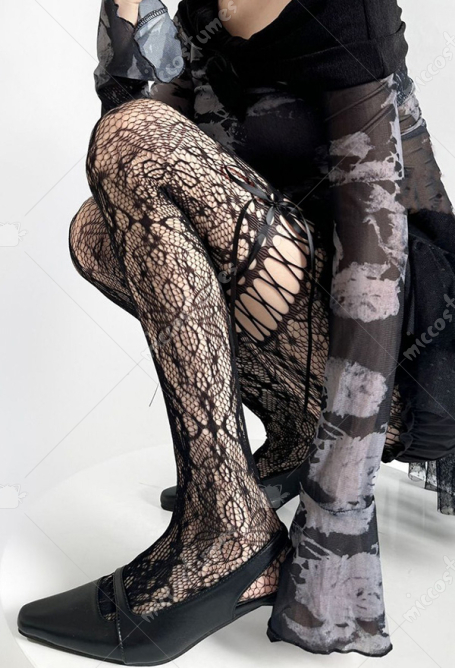 Gothic Black Jacquard Pantyhose Dark Y2K Style Bow-tie Fishnet Stockings