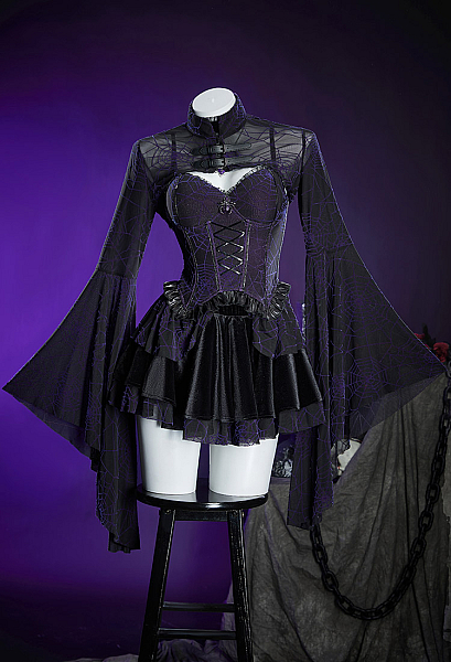 Black and Purple Corset Skirt Suit Spider Web Pattern Top and Skirt with Cover-up