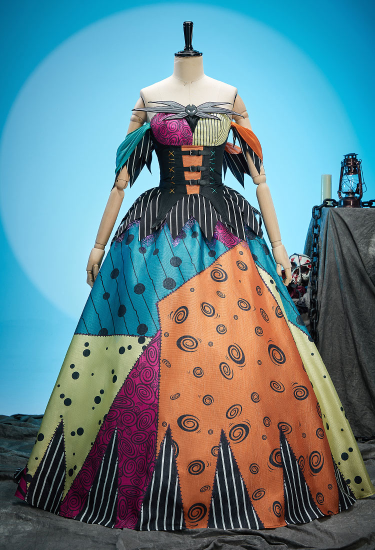 Chrismas Nightmare Sally Derivative Colorful Patchwork Corset Dress Suit Off-the-shoulder Top and Long Skirt with Embroidered Patch