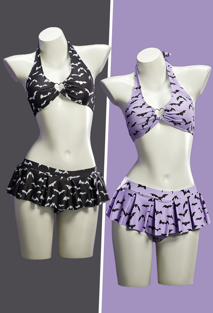 Gothic Bat Print Two-piece Swimsuit Halter Top and Skirted Bottom