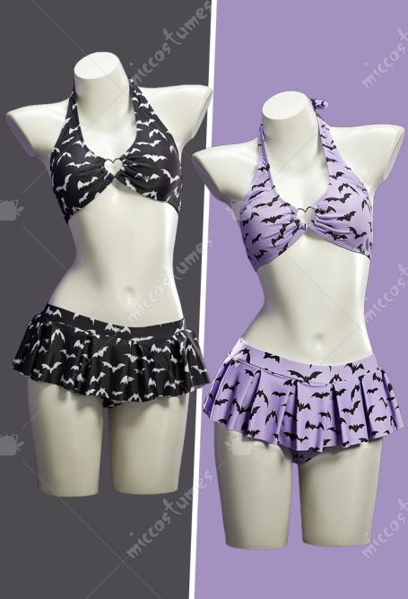 Gothic Bat Print Two-piece Swimsuit Halter Top and Skirted Bottom