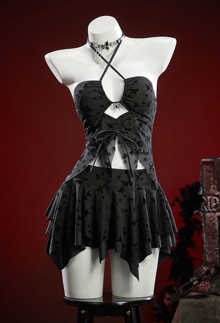 Gothic Butterfly Print Two-Piece Swimsuit Irregular Halter Neck Cutout Top and Skirted Bottom with Choker
