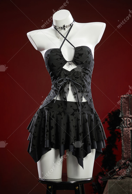 Gothic Butterfly Print Two-Piece Swimsuit Irregular Halter Neck Cutout Top and Skirted Bottom with Choker