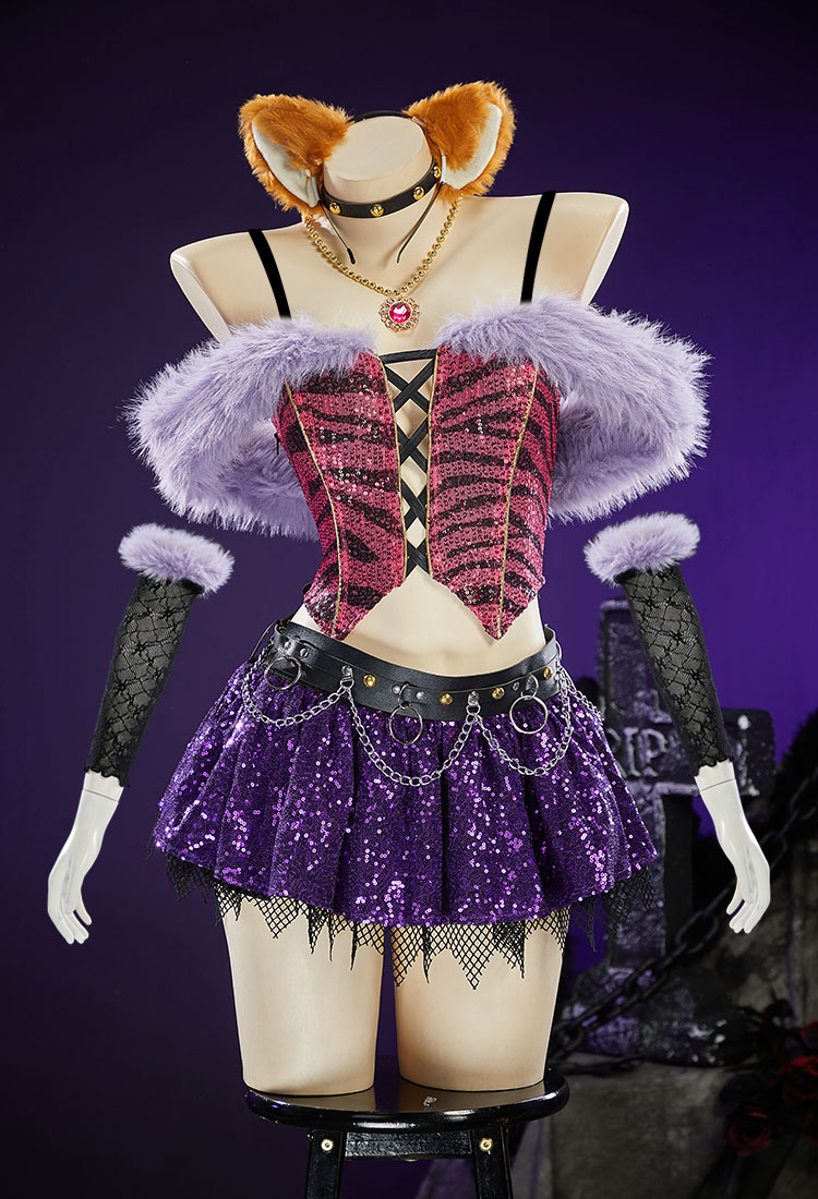 MH Clawdeen Sexy Cosplay Costume Gothic Plush Suit Patterned Off-the-shoulder Top with Layered Skirt and Arm Warmers