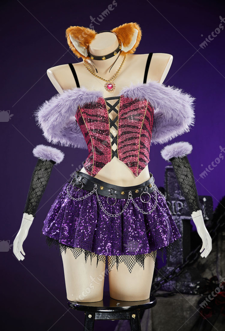 MH Clawdeen Sexy Cosplay Costume Gothic Plush Suit Patterned Off-the-shoulder Top with Layered Skirt and Arm Warmers