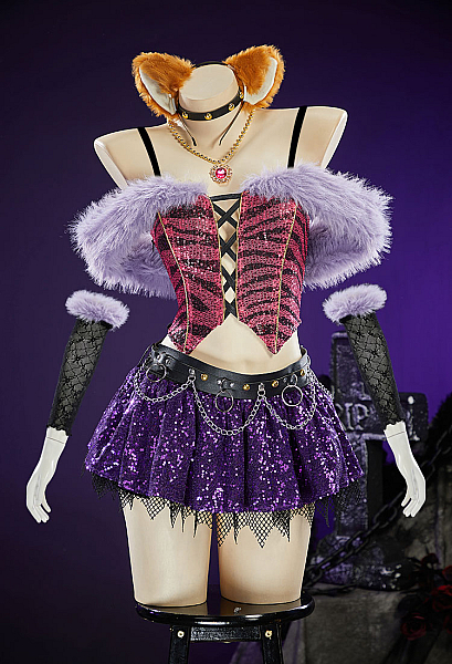 MH Clawdeen Sexy Cosplay Costume Gothic Plush Suit Patterned Off-the-shoulder Top with Layered Skirt and Arm Warmers