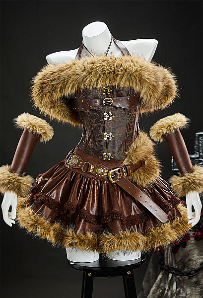 TLK Scar Gothic Brown Furry Lion Outfit Halter Lace-up Top with Skirt and Fur Collar