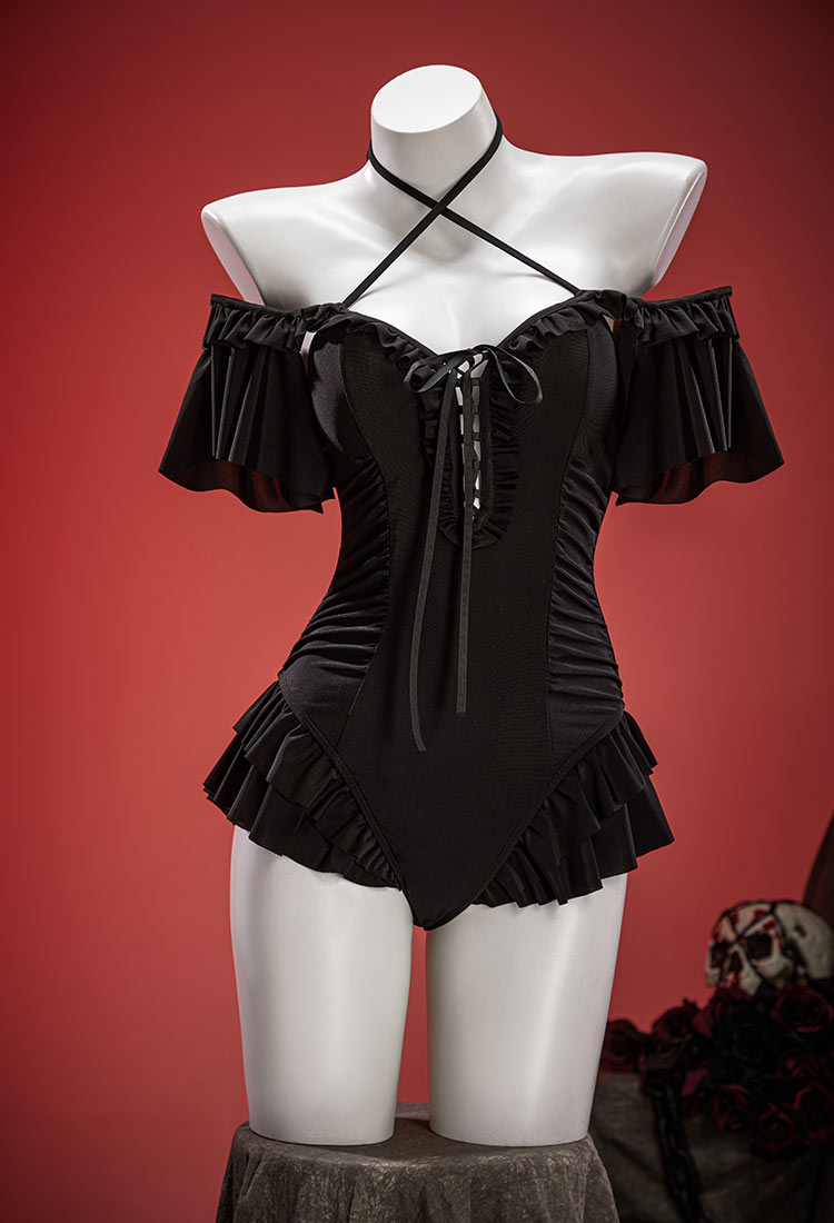 Gothic Retro Ruffled One-piece Swimsuit Halter Neck Bathing Suit
