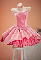 Wicked Glinda Derivative Pink Evening Gown Set Off-the-shoulder Top and Layered Skirt with Choker and Gloves