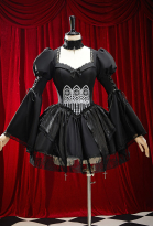 Gothic Black Church Design Lolita Dark Retro Style Layered Dress with Bell Sleeves and Choker