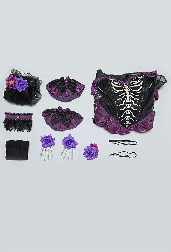 purple day of the dead dress Kids' La Muerte Day of the Dead Skeleton Black/Purple Dress with Tights Halloween Costume, Assorted Sizes