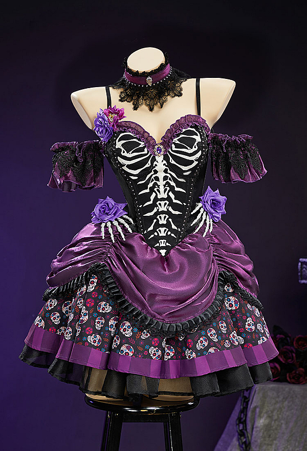 day of the dead corset dress Day of the Dead Sugar Skull Print Dress Halloween Zombie Bride Black and  Purple Dress with Veil and Stockings