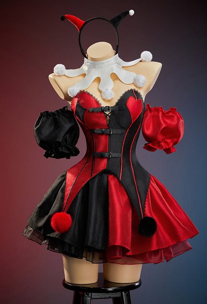 The Clown Women Derivative Gothic Red and Black Color-block Corset Outfit Set Corset and Layered Skirt with Collar and Headband