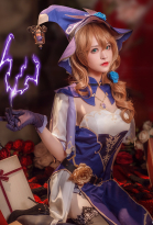 Genshin Impact Lisa Sexy Purple and White Chest Open Cheongsam Dress Full Set Cosplay Costume with Witch Hat and Stockings