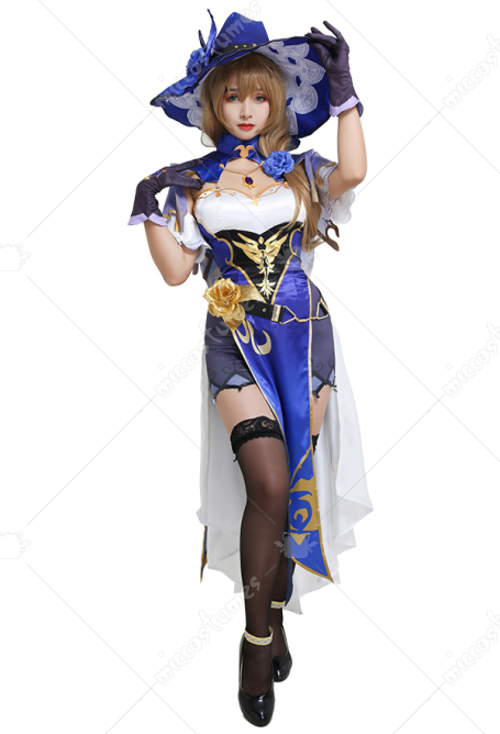 Genshin Impact Lisa Sexy Purple and White Chest Open Cheongsam Dress Full Set Cosplay Costume with Witch Hat and Stockings