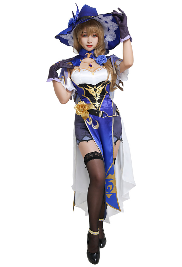 Genshin Impact Lisa Sexy Purple and White Chest Open Cheongsam Dress Full Set Cosplay Costume with Witch Hat and Stockings