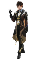 Genshin Impact Zhongli Printed Pattern Jelwery Decorated Uniform Set Cosplay Costume Outfit with Tie Gloves