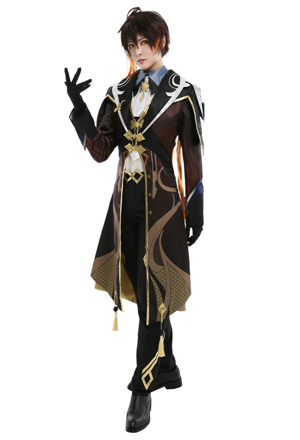 Genshin Impact Zhongli Printed Pattern Jelwery Decorated Uniform Set Cosplay Costume Outfit with Tie Gloves