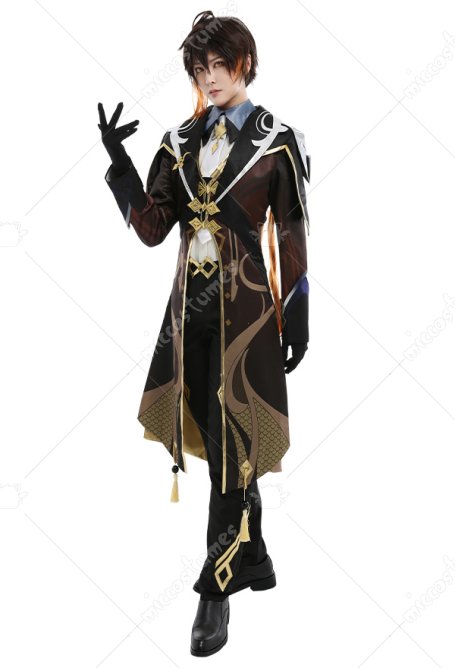 Genshin Impact Zhongli Printed Pattern Jelwery Decorated Uniform Set Cosplay Costume Outfit with Tie Gloves