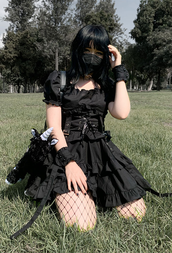 Lady Lolita Gothic Dress Ruffle Mesh Puff Sleeve Steampunk Cosplay Irregular