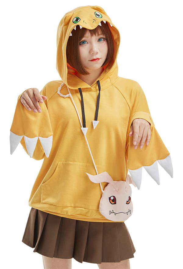 Agumon Cosplay Costume Hoodie with Koromon Furry Shoulder Bag