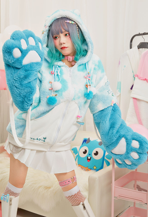 Pullover Hoodie with Detachable Bag Design Furry Cat Paw Gloves Mint Clouds Pattern