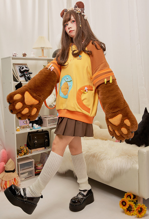Pullover Hoodie with Detachable Bag Design Furry Cat Paw Gloves Honey Bear Style Pullover Hoodie with Detachable Bag Design Furry Cat Paw Gloves Honey Bear Style