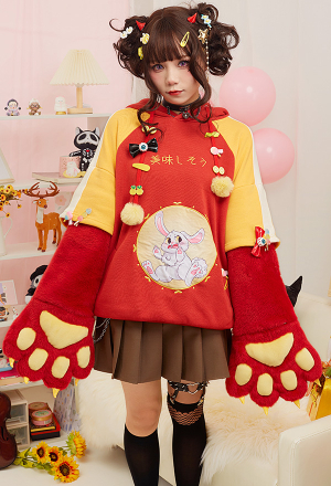 Pullover Hoodie with Detachable Bag Design Furry Cat Paw Gloves Frightened Bunny Pattern Pullover Hoodie with Detachable Bag Design Furry Cat Paw Gloves Frightened Bunny Pattern