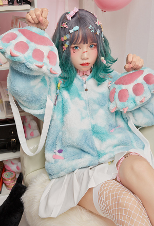 Pullover Hoodie with Detachable Bag Design Furry Cat Paw Gloves Tie-dye Style Mint Green