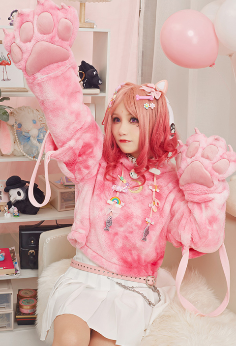 Hoodie Kawaii avec Pattes de Chat en Peluche Détachable Manche Gant Sac à Motif de Camouflage Rose Pêche