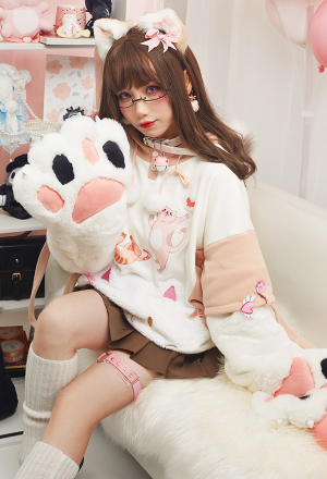 Pullover Hoodie with Detachable Bag Design Furry Cat Paw Gloves Cute Khaki Cat Playing Hoodie Pullover Hoodie with Detachable Bag Design Furry Cat Paw Gloves Cute Khaki Cat Playing Hoodie