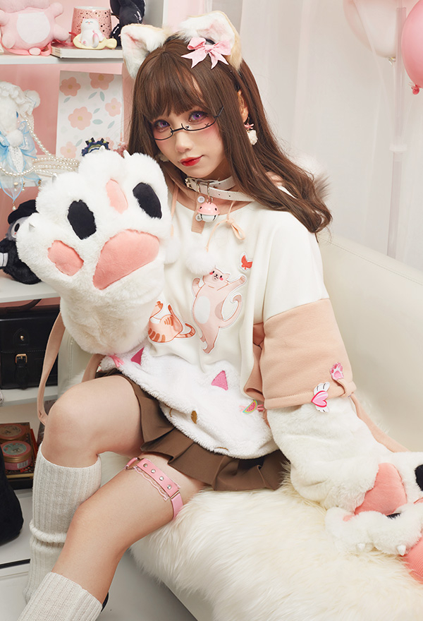 Hoodie Kawaii avec Pattes de Chat en Peluche Détachable Manche Gant Sac à Motif de Chat Kaki