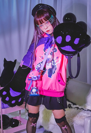 Pullover Hoodie with Detachable Bag Design Furry Cat Paw Gloves Winged Panda Pattern Pullover Hoodie with Detachable Bag Design Furry Cat Paw Gloves Winged Panda Pattern