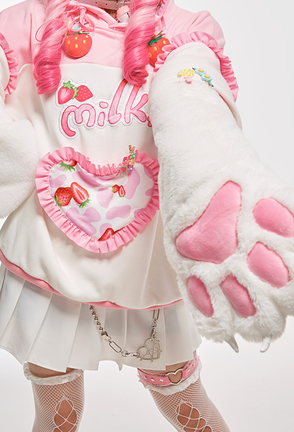 Hoodie Kawaii avec Pattes de Chat en Peluche Détachable Manche Gant Sac à Motif de Fraise Vache Laitière