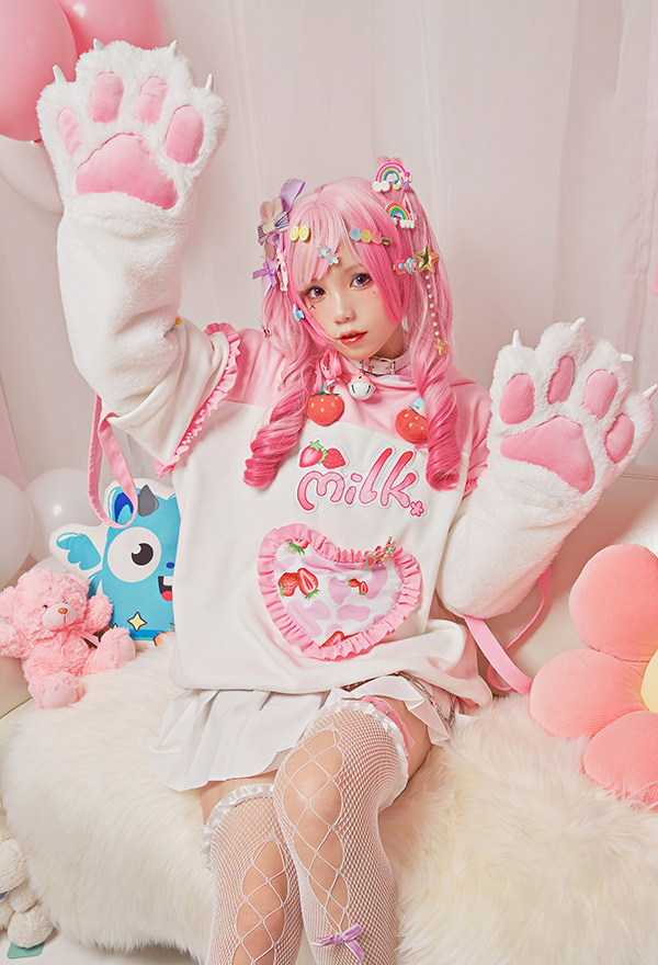 Hoodie Kawaii avec Pattes de Chat en Peluche Détachable Manche Gant Sac à Motif de Fraise Vache Laitière