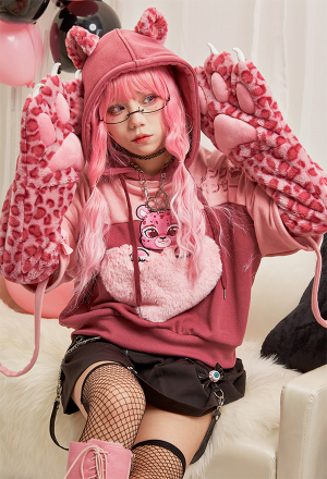 Pullover Hoodie with Detachable Bag Design Furry Cat Paw Gloves Leopard Pattern Heart Shaped Pocket Pullover Hoodie with Detachable Bag Design Furry Cat Paw Gloves Leopard Pattern Heart Shaped Pocket