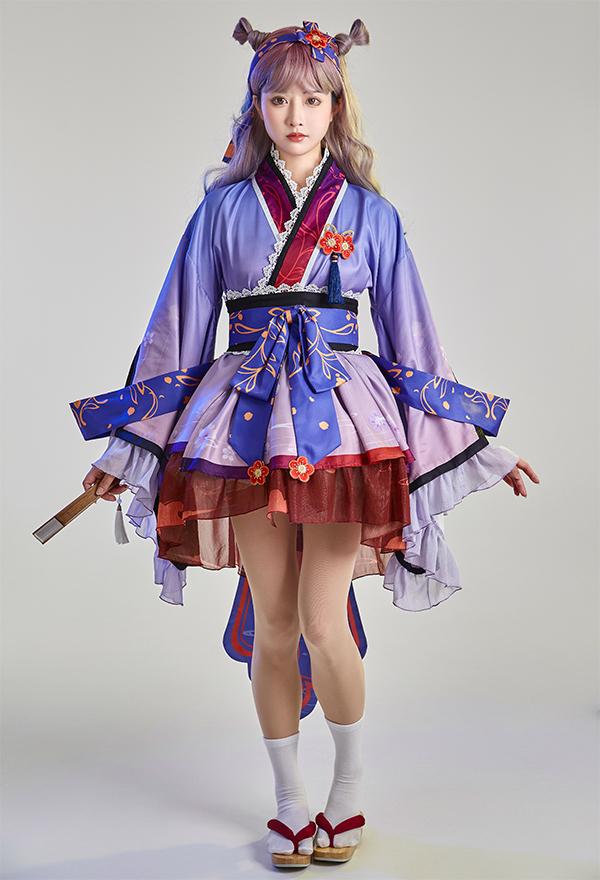 Robe Femme Style Japonais Yukata Kimono Bleu Set avec Impression avec Corset Obi Ruban Coiffe