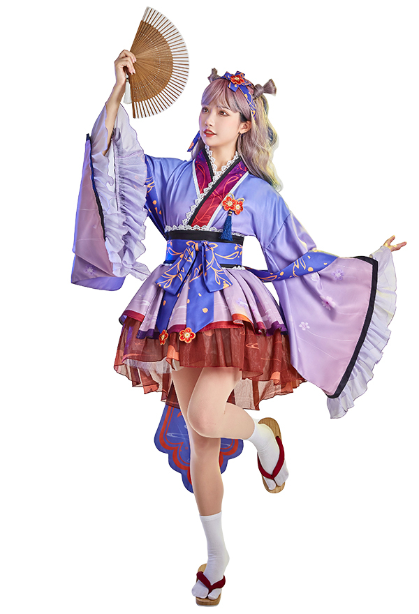 Robe Femme Style Japonais Yukata Kimono Bleu Set avec Impression avec Corset Obi Ruban Coiffe