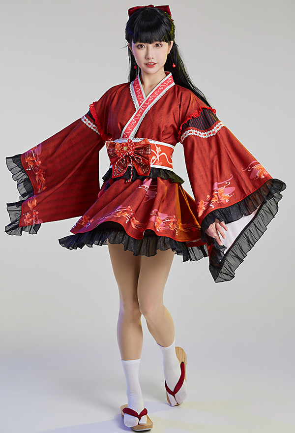 Robe Style Kimono Motif Poisson Fleur Feu Set avec Corset et Nœud Papillon