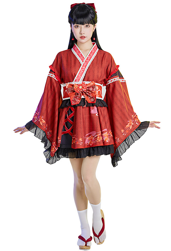 Robe Style Kimono Motif Poisson Fleur Feu Set avec Corset et Nœud Papillon