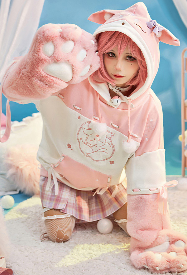 Yae Miko Genshin Impact Hoodie mit abnehmbarer Tasche Plüsch Bärpfote Kawaii Handschuhe Hoodie mit Kapuze